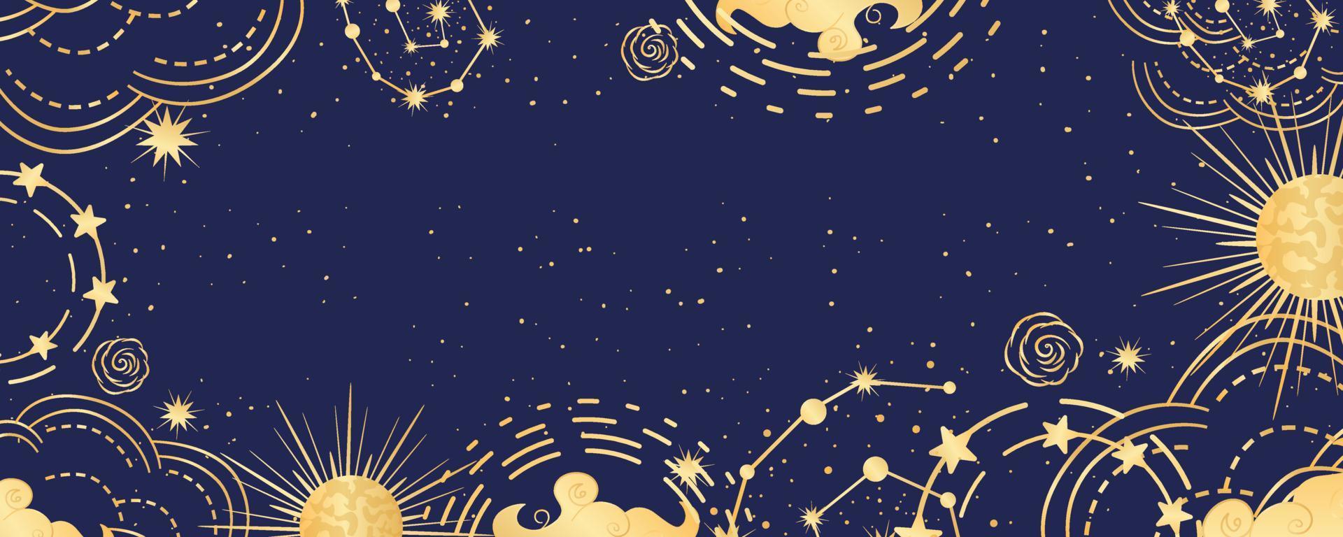 Celestial astrological background with constellations, stars, sun and moon. Mystical astrology, celestial space with golden signs. Vector illustration