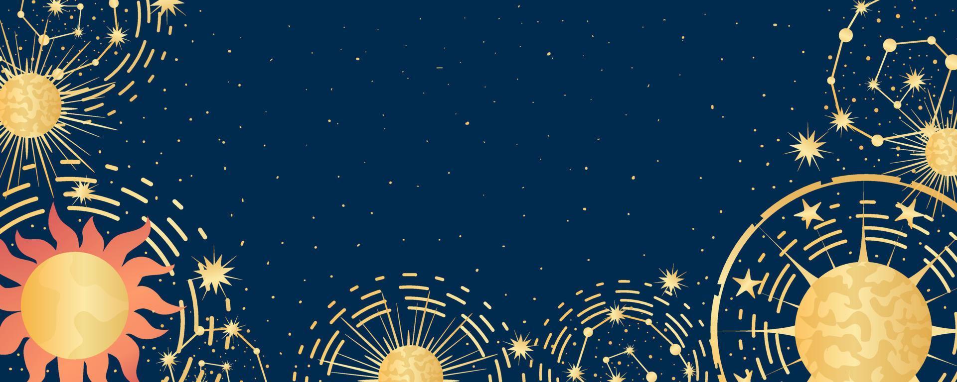 Celestial astrological background with constellations, stars, sun and moon. Mystical astrology, celestial space with golden signs. Vector illustration