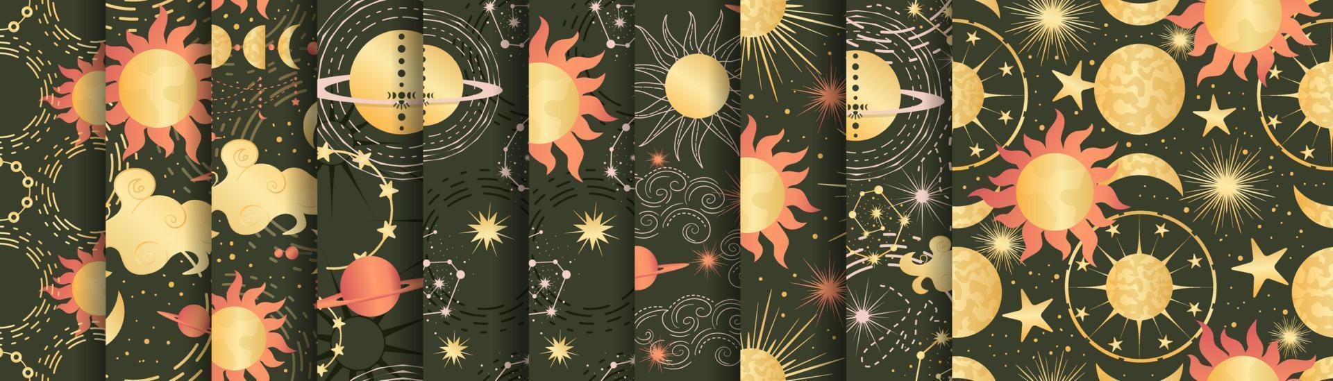 patrón celestial sin costuras con sol, luna y estrellas. astrología mágica en estilo vintage boho. místico sol dorado pagano con planetas y fases lunares. ilustración vectorial vector