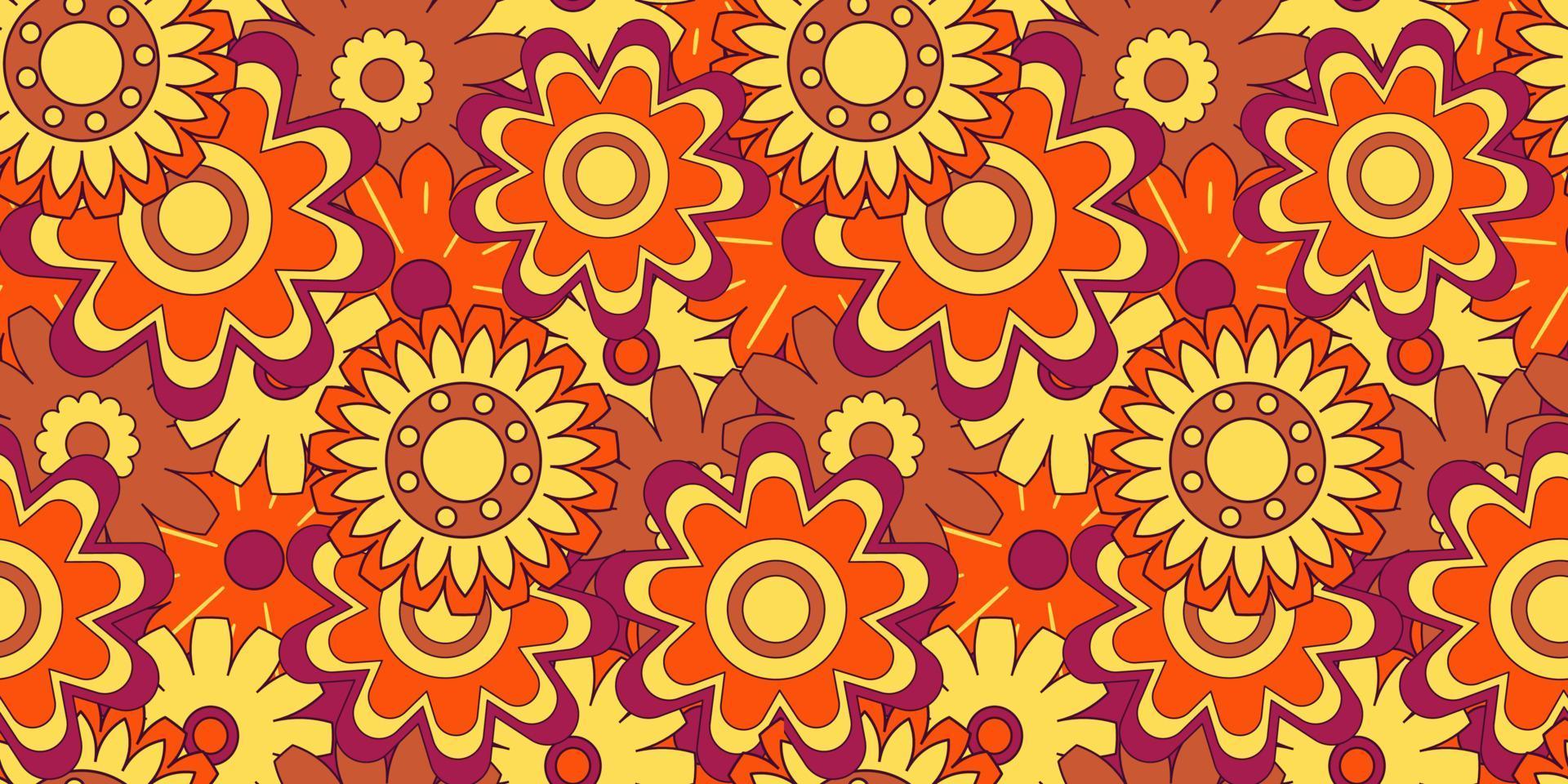 Groovy y2k retro seamless pattern with flower. Retro vector illustration. Groovy flower background. Colorful hippie seamless pattern illustration.