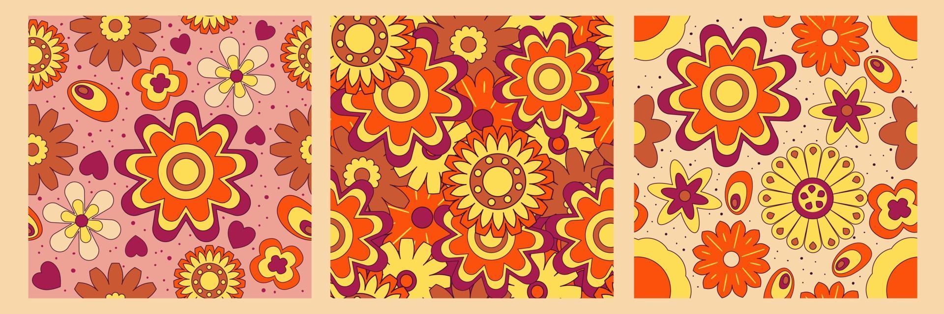 Groovy y2k retro pattern with flower and swirl 70s background. Daisy flower design. Abstract trendy colorful print. Vector illustration graphic. Vintage print. Psychedelic wallpaper