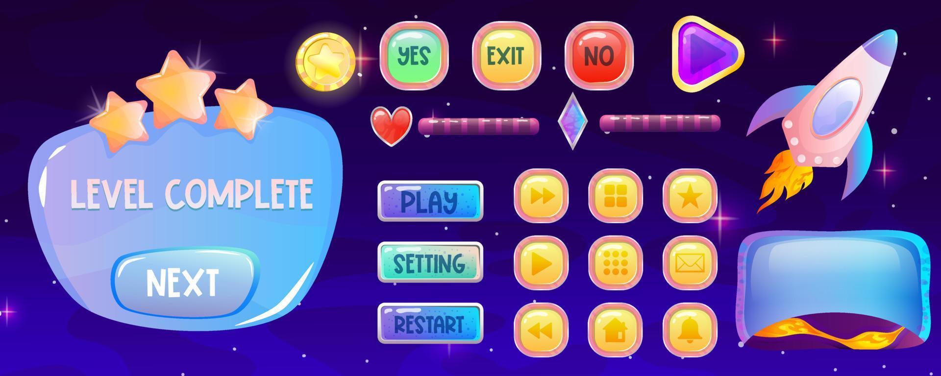 Game ui buttons and elements for space interface. Space kit for mobile app menu. Buttons, screen, rocket, coin and heart. Cartoon vector illustration. User interface. Web design elements