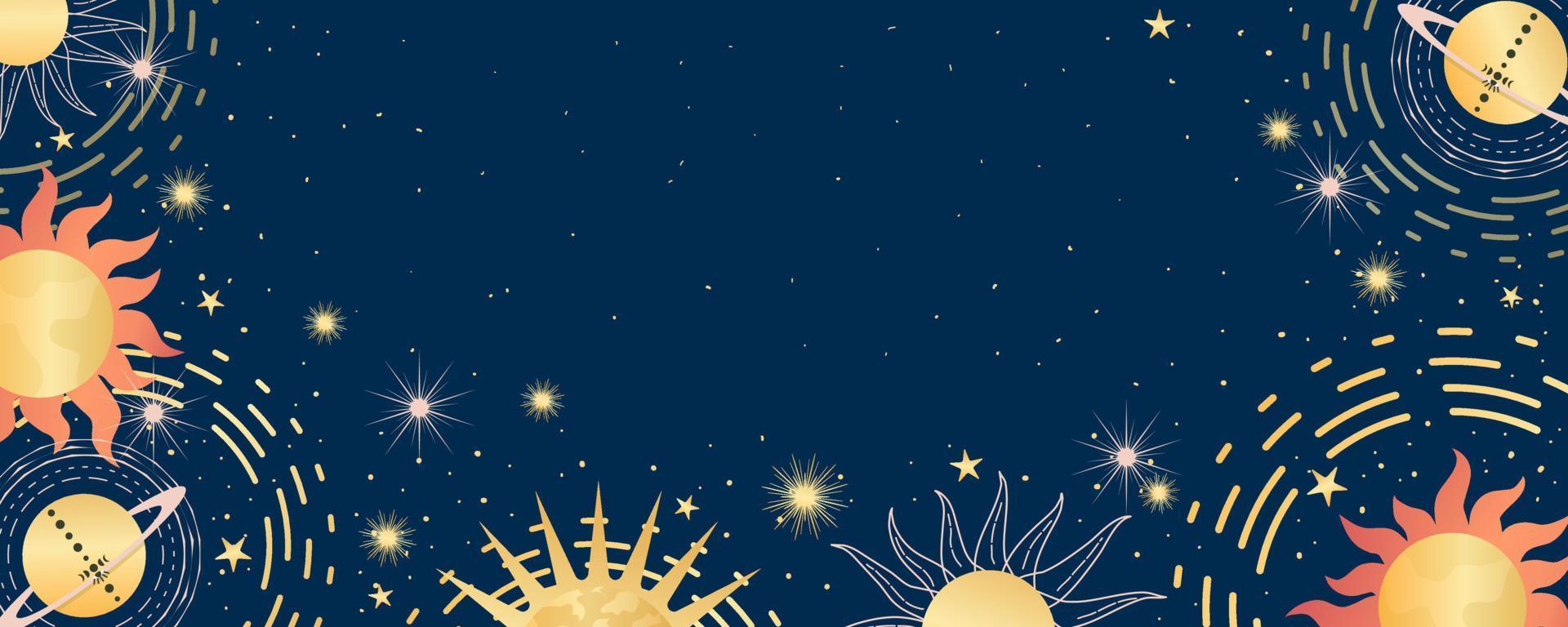 Celestial astrological background with constellations, stars, sun and moon. Mystical astrology, celestial space with golden signs. Vector illustration
