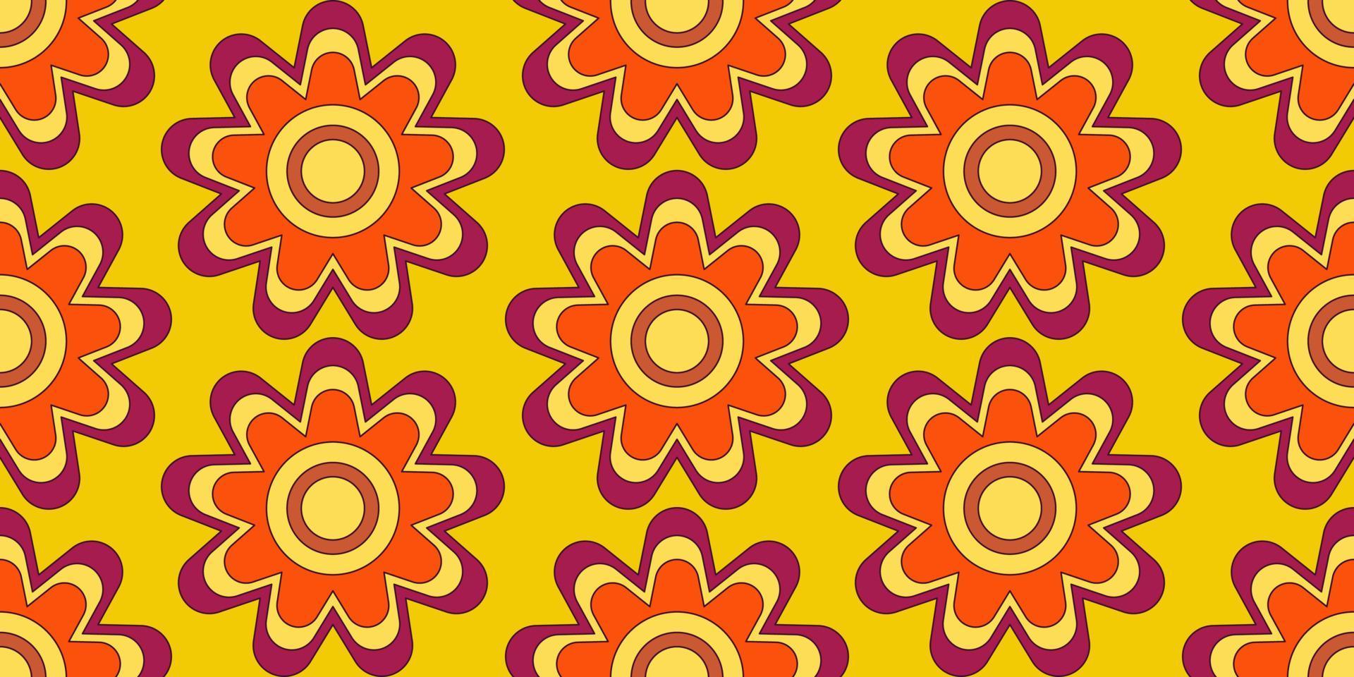 Groovy y2k retro de patrones sin fisuras con flor. ilustración vectorial retro. fondo de flores maravillosas. Ilustración de patrones sin fisuras hippie colorido. vector