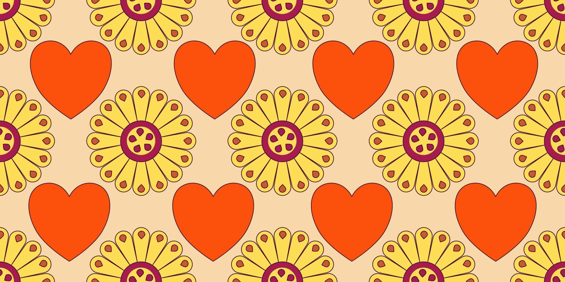 Groovy y2k retro seamless pattern with flower and heart. Retro vector illustration. Groovy flower background. Colorful hippie seamless pattern illustration.