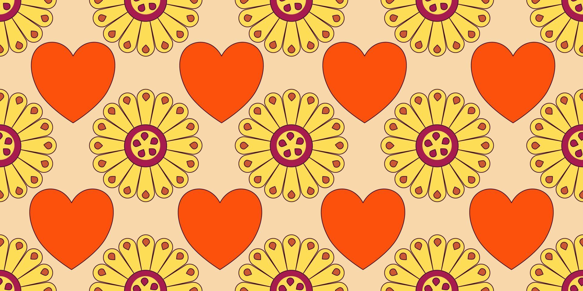 Groovy y2k retro de patrones sin fisuras con flor y corazón. ilustración vectorial retro. fondo de flores maravillosas. Ilustración de patrones sin fisuras hippie colorido. vector