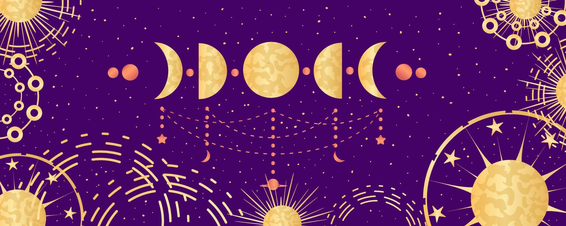 fondo astrológico celestial con fase lunar y constelaciones. astrología mística, espacio celestial con signos dorados. ilustración vectorial vector