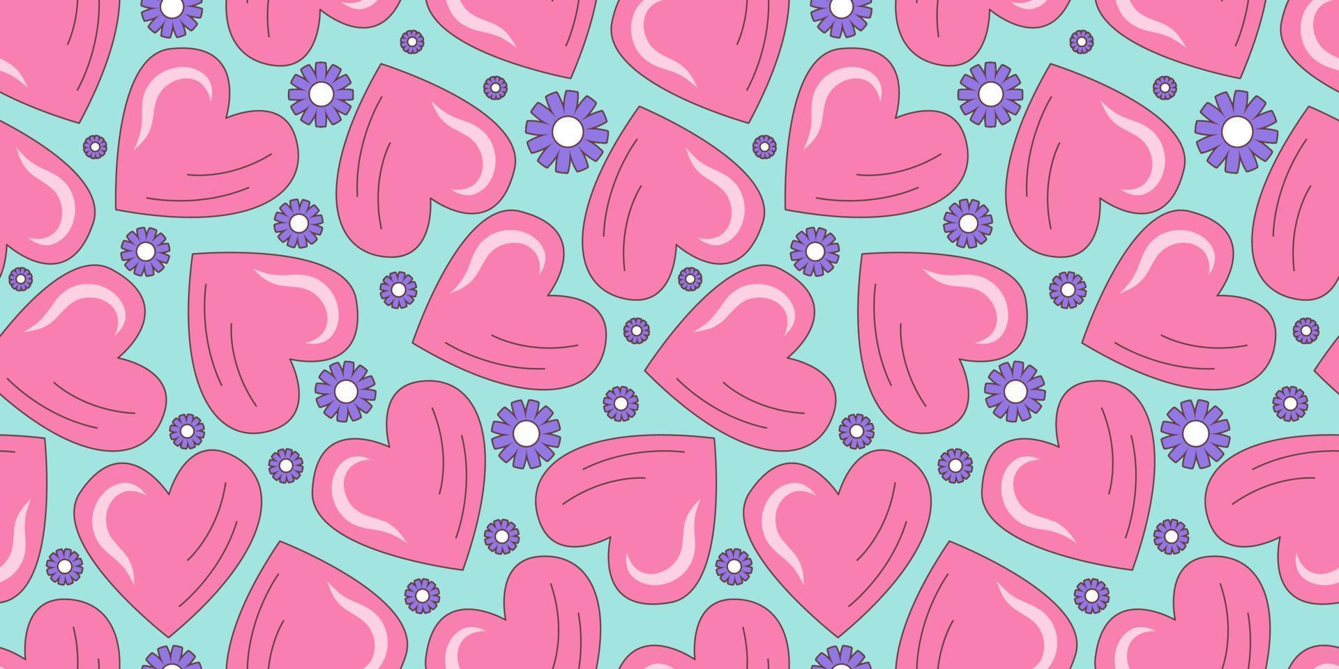 Seamless pattern with retro flowers 70. Psychedelic groovy geometric pattern with flowers. Daisy and heart hippie background. Flat vector illustration. Psychedelic wallpaper