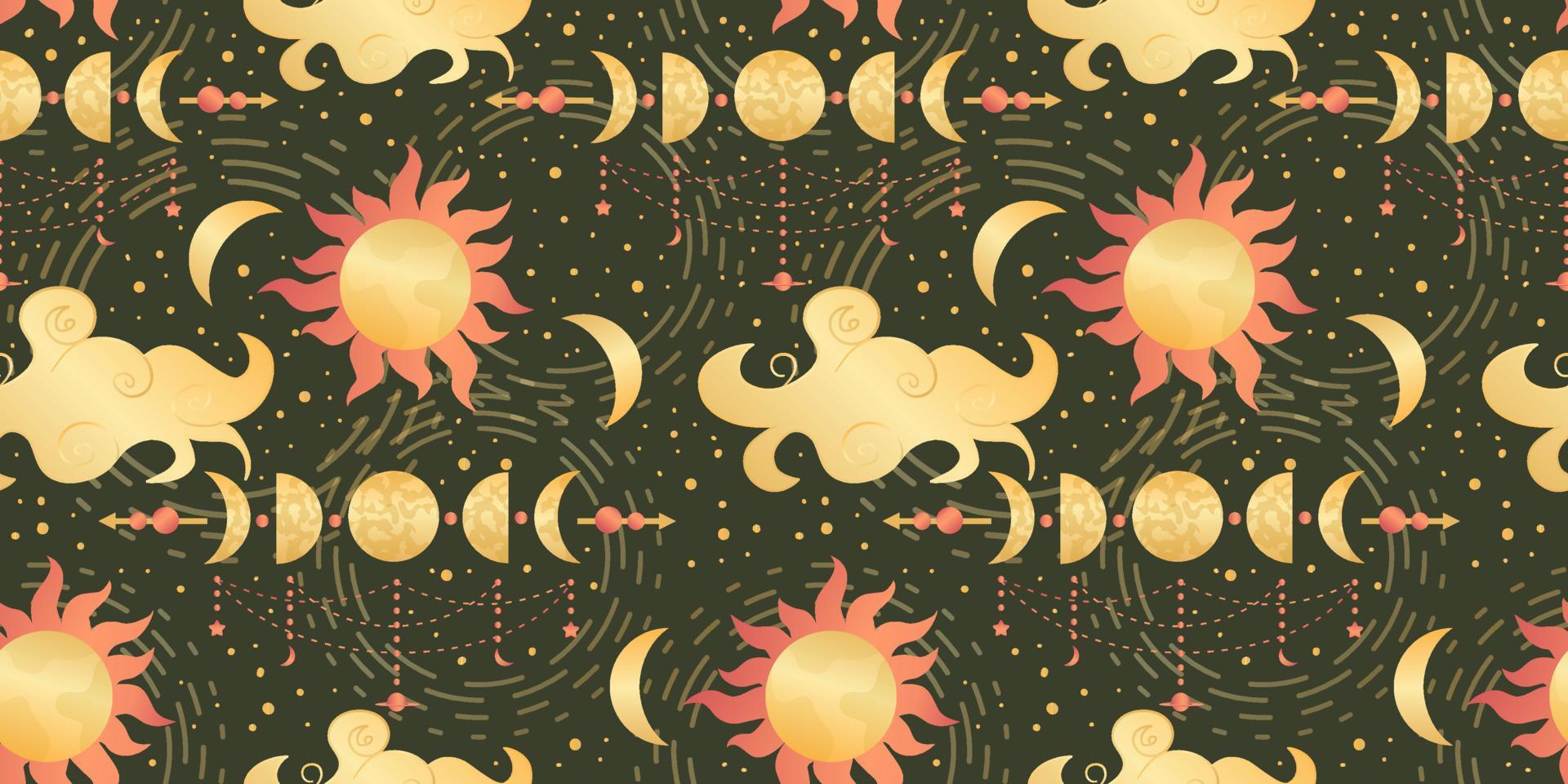 Celestial seamless pattern with sun, moon and stars. Magic astrology in boho vintage style. Mystical pagan golden sun with planets and moon phases. Vector illustration.