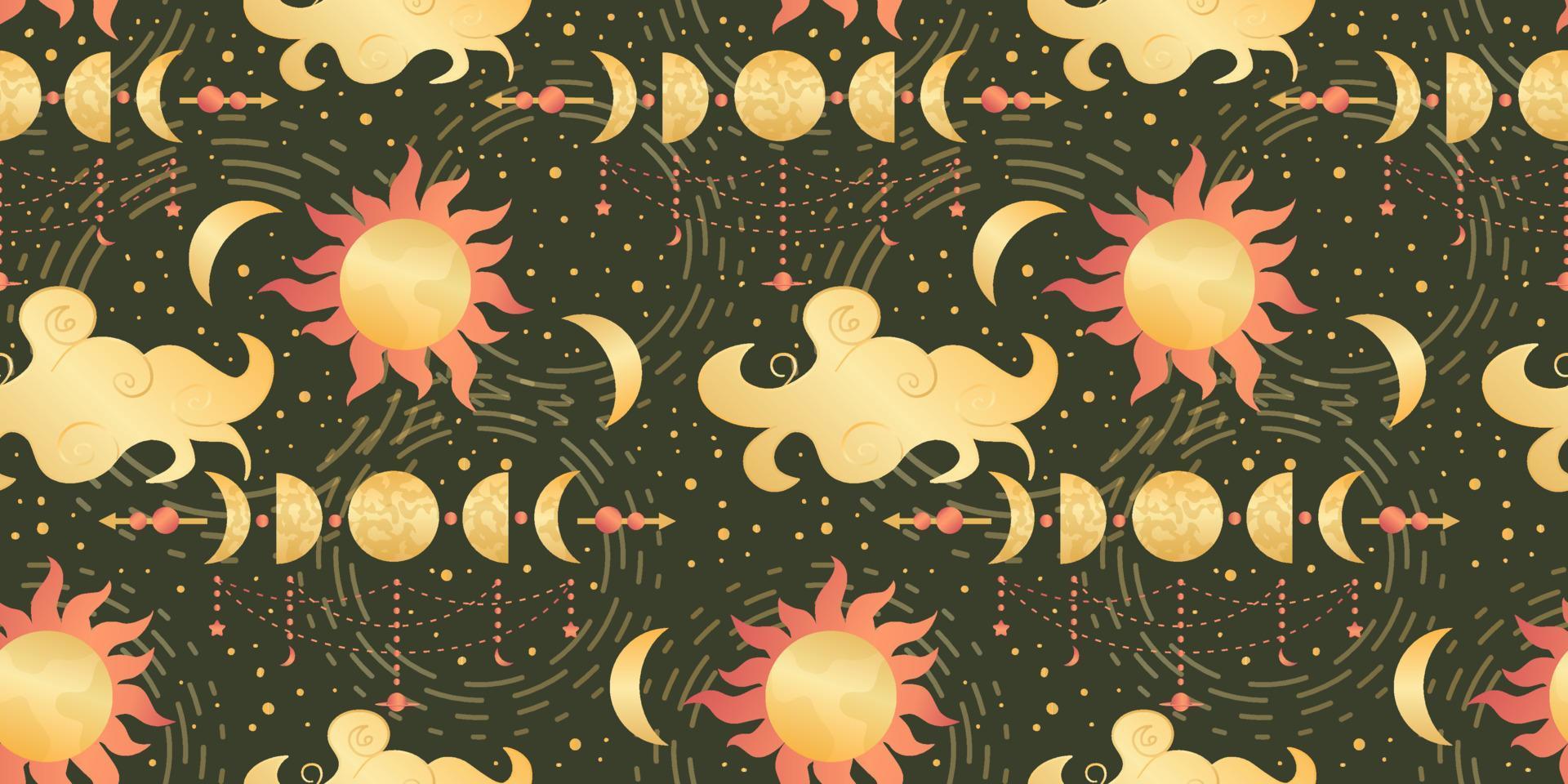 Celestial seamless pattern with sun, moon and stars. Magic astrology in boho vintage style. Mystical pagan golden sun with planets and moon phases. Vector illustration.