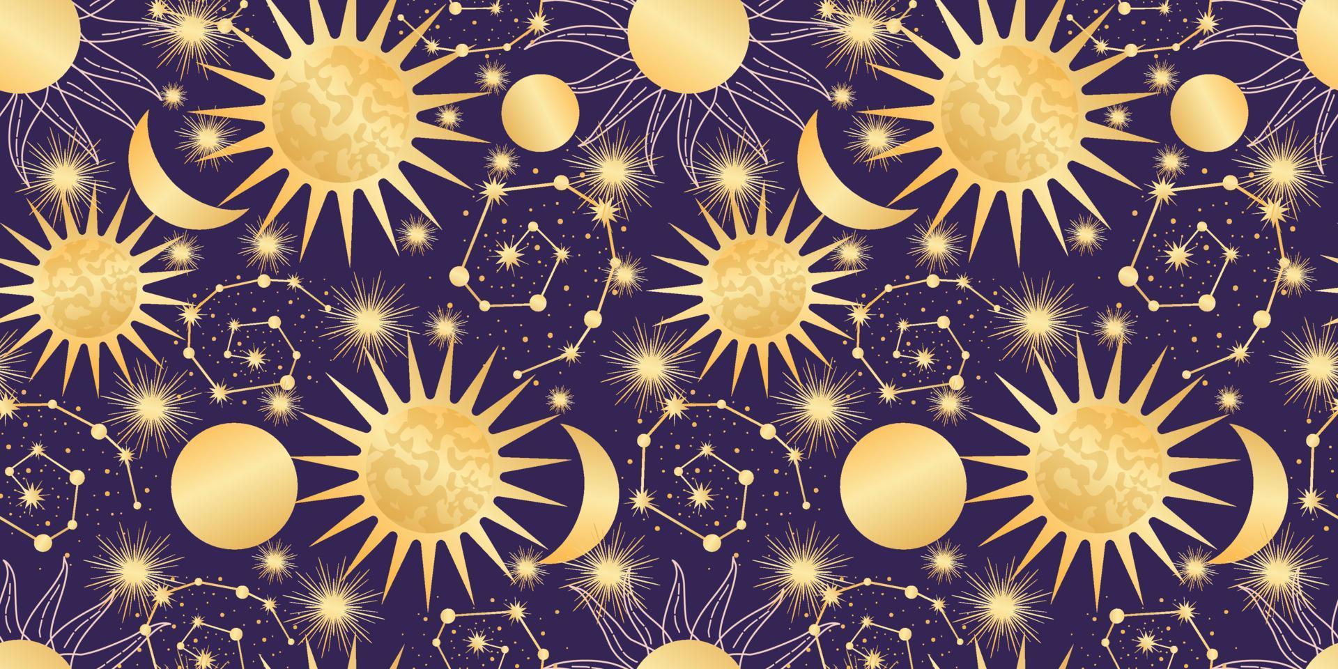 Star celestial seamless pattern with sun and moon. Magical astrology in vintage boho style. Golden sun with rays and constellation. Vector illustration