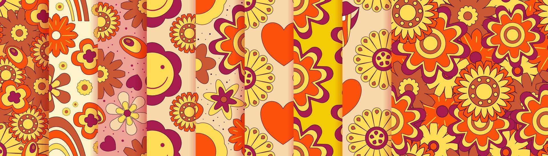 Modern flower retro groovy 70s pattern set. Groovy flower background. Hippy illustration with 70s for print design. Hippie print illustration. Vector retro floral seamless pattern