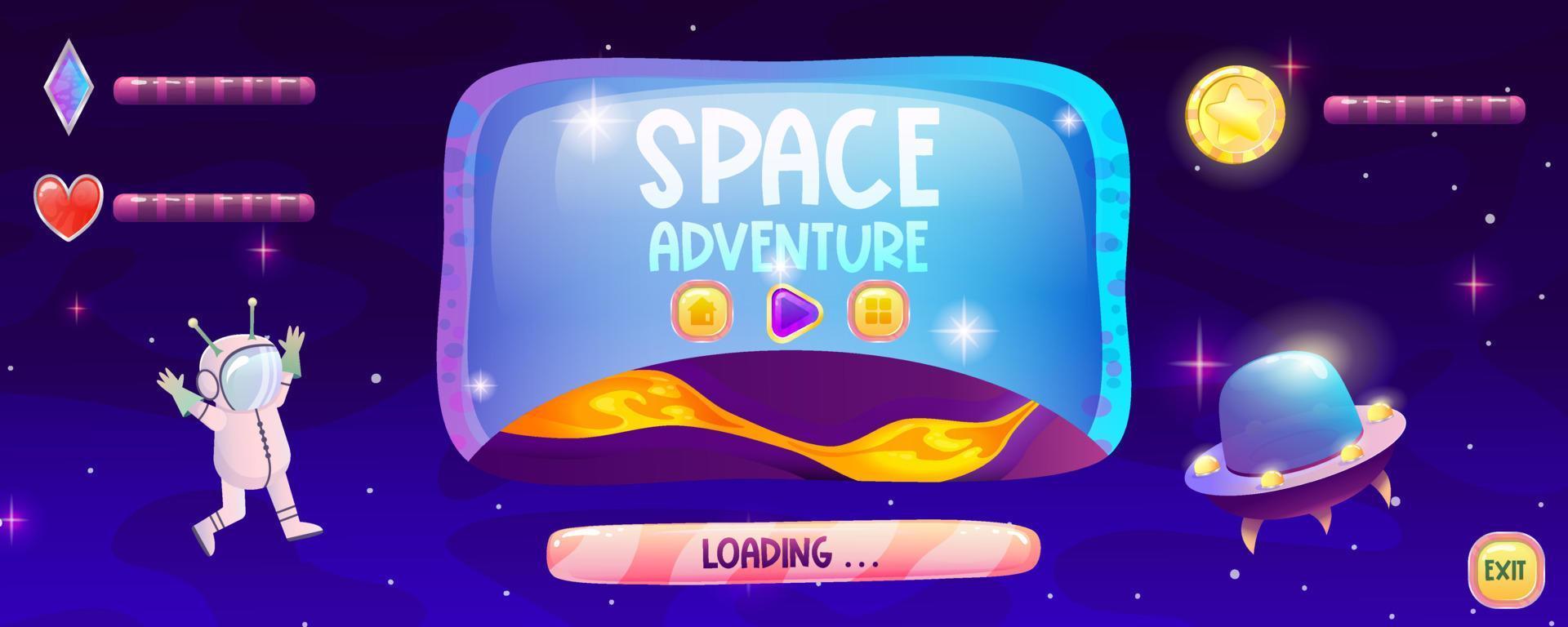 Space game ui main screen with buttons, start and download. Screen with planet, indicators of heart, crystals and coins, flying astronaut alien. Cartoon vector illustration for app game menu.