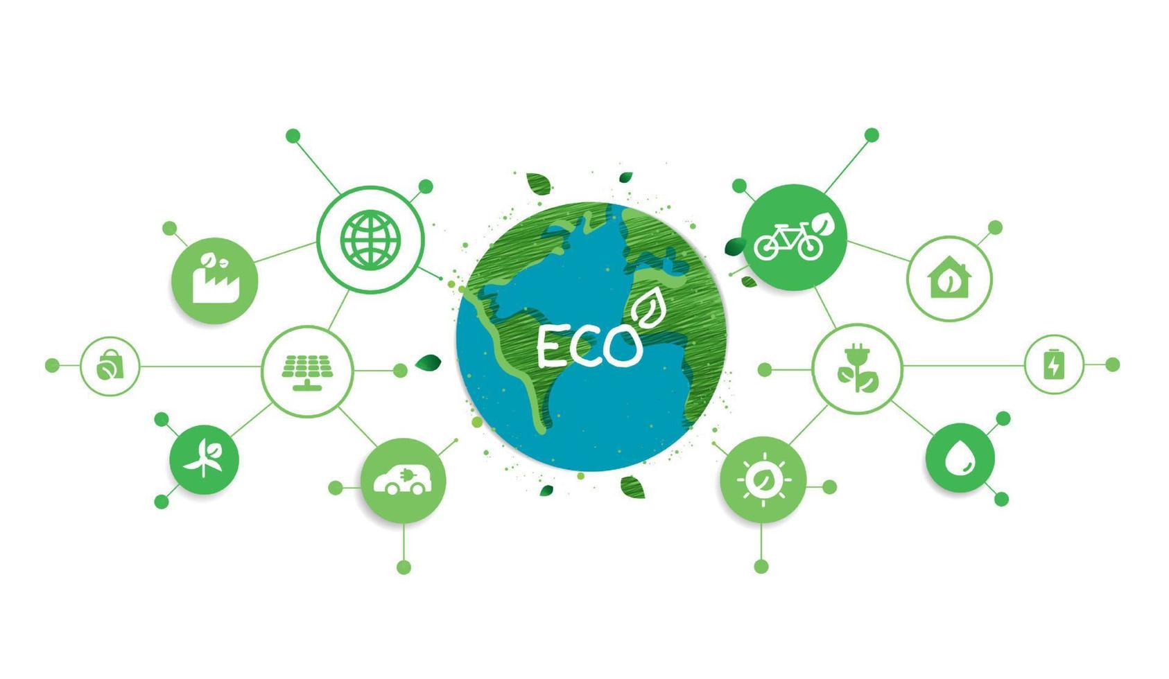 Energy saving eco technology nature concept with icons. think green ecology and save energy creative idea concept. environmentally friendly planet. vector design