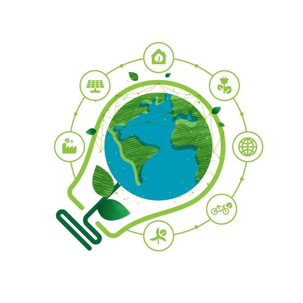 Energy saving eco lamp technology nature concept with icons. think green ecology and save energy creative idea concept. environmentally friendly planet. vector design