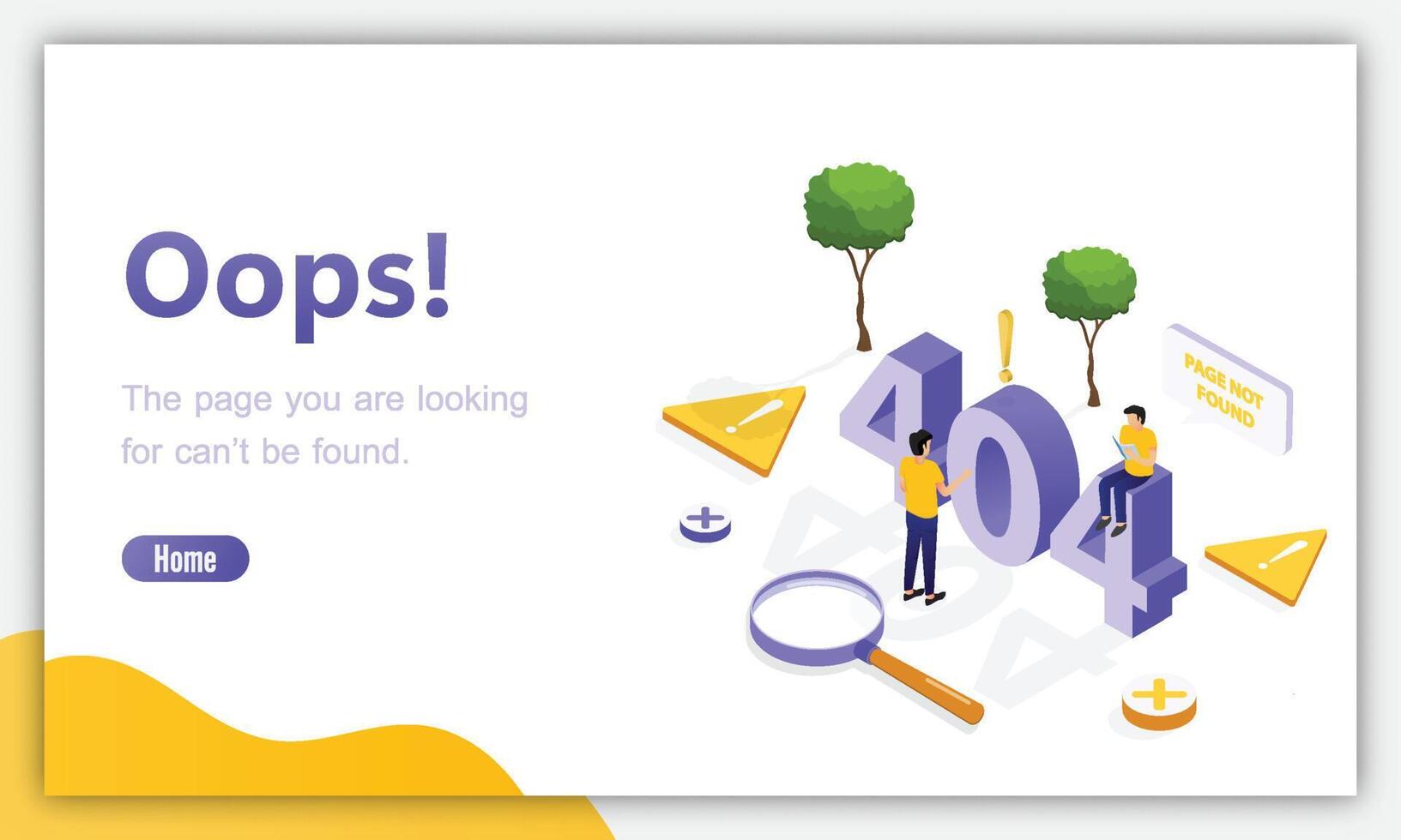 Design template for web page with 404 error. Isometric page. Not working error lost not found 404 sign problem landing vector design