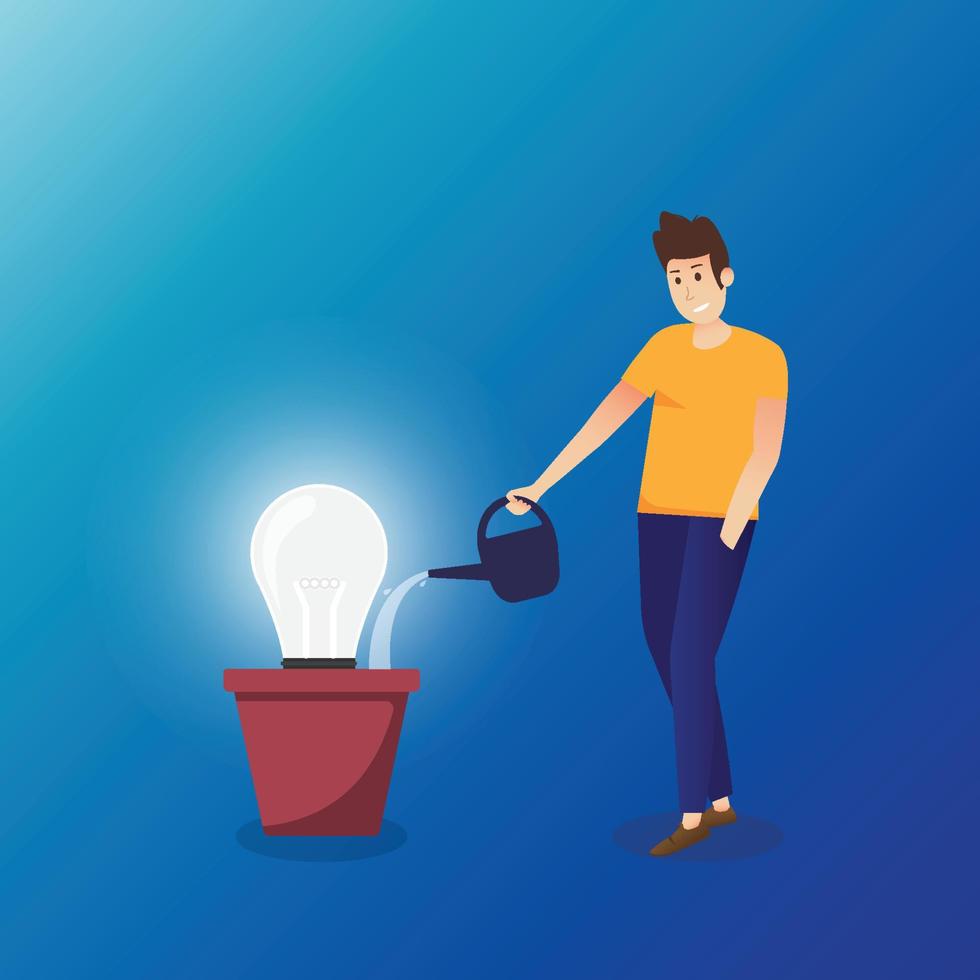 Business concept illustration of a businessman watering young plant with light bulb. Creative thinking and idea concept. Vector illustration.