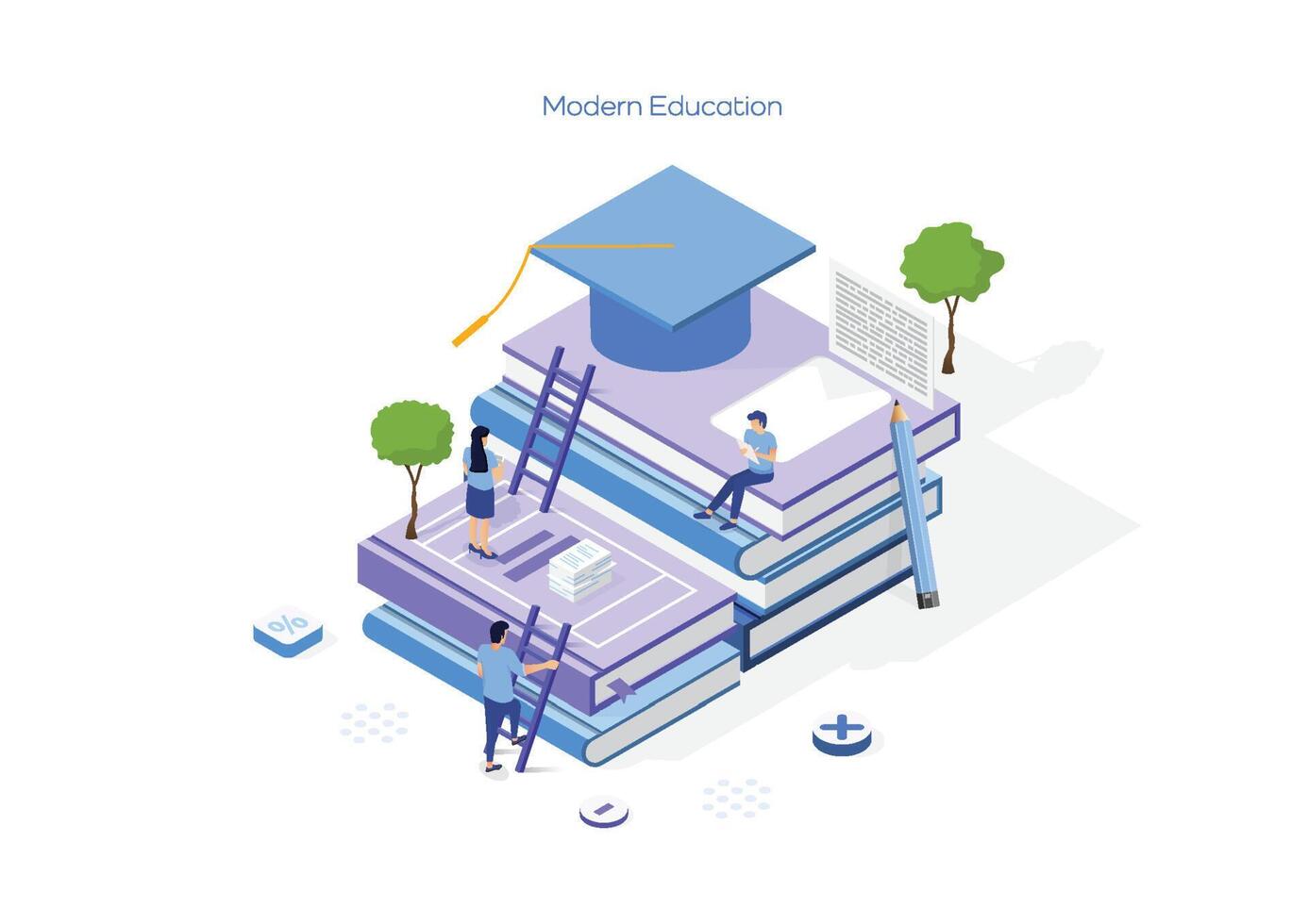 Education concept. Student ascending pile of books with graduation cap on top. Isometric vector illustration.