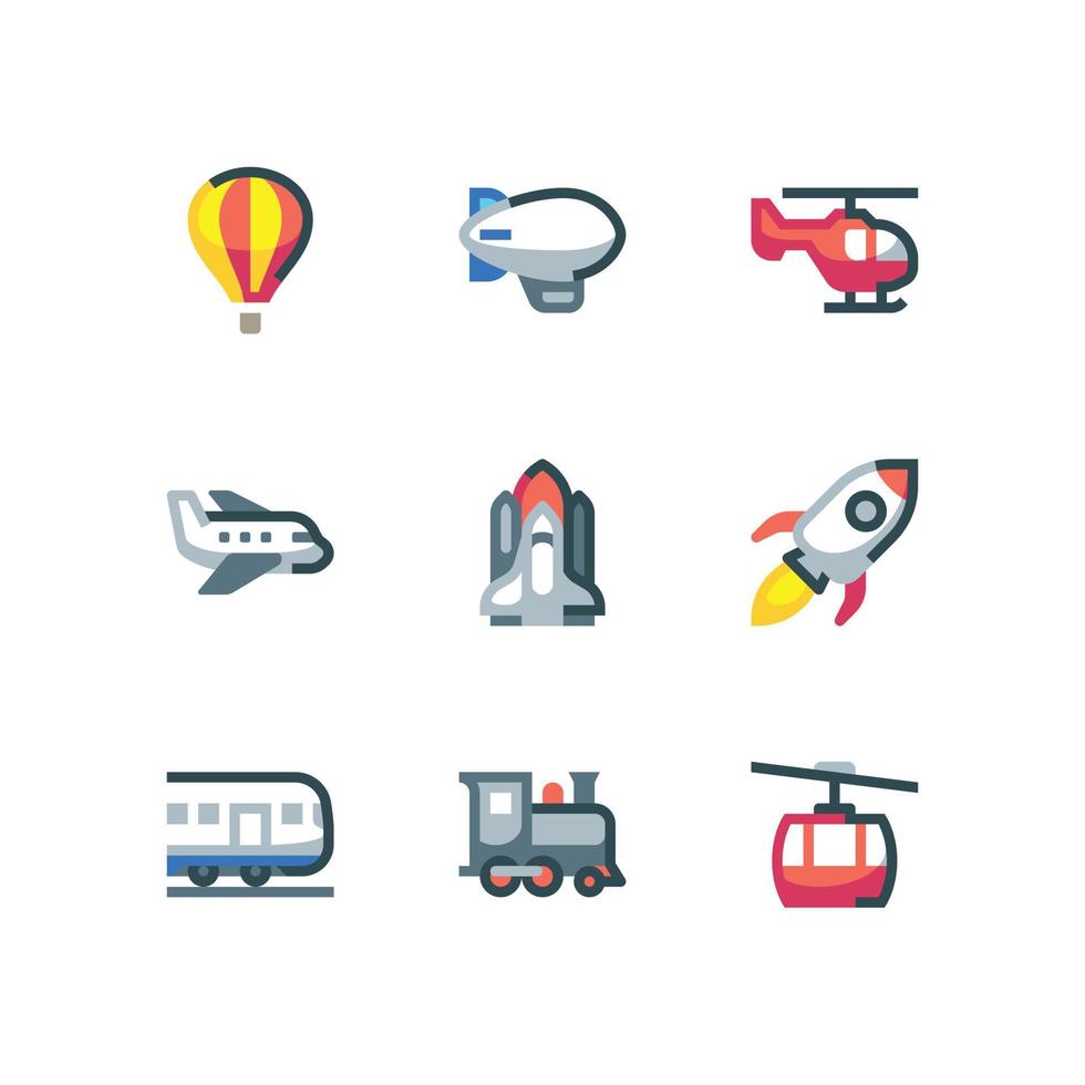 Train and air transportation icon set with plane and rocket vector icons