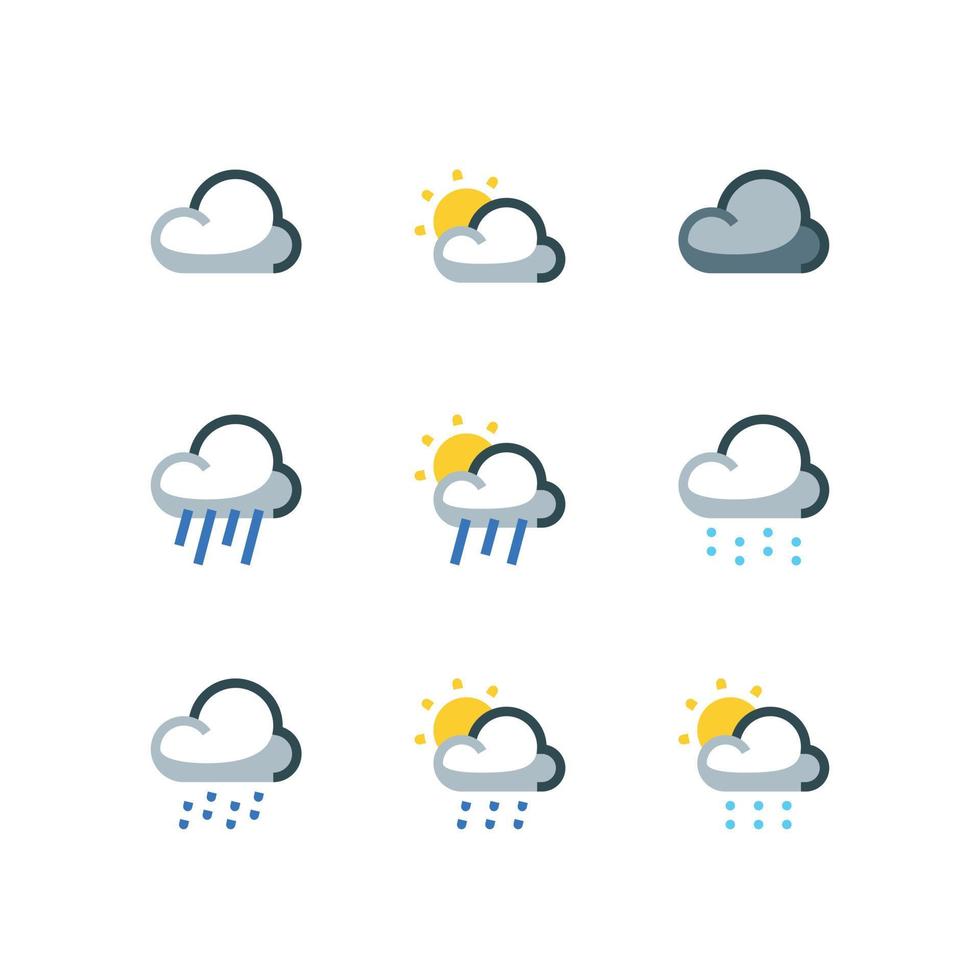 conjunto de iconos de clima nublado con iconos de vectores de lluvia y llovizna