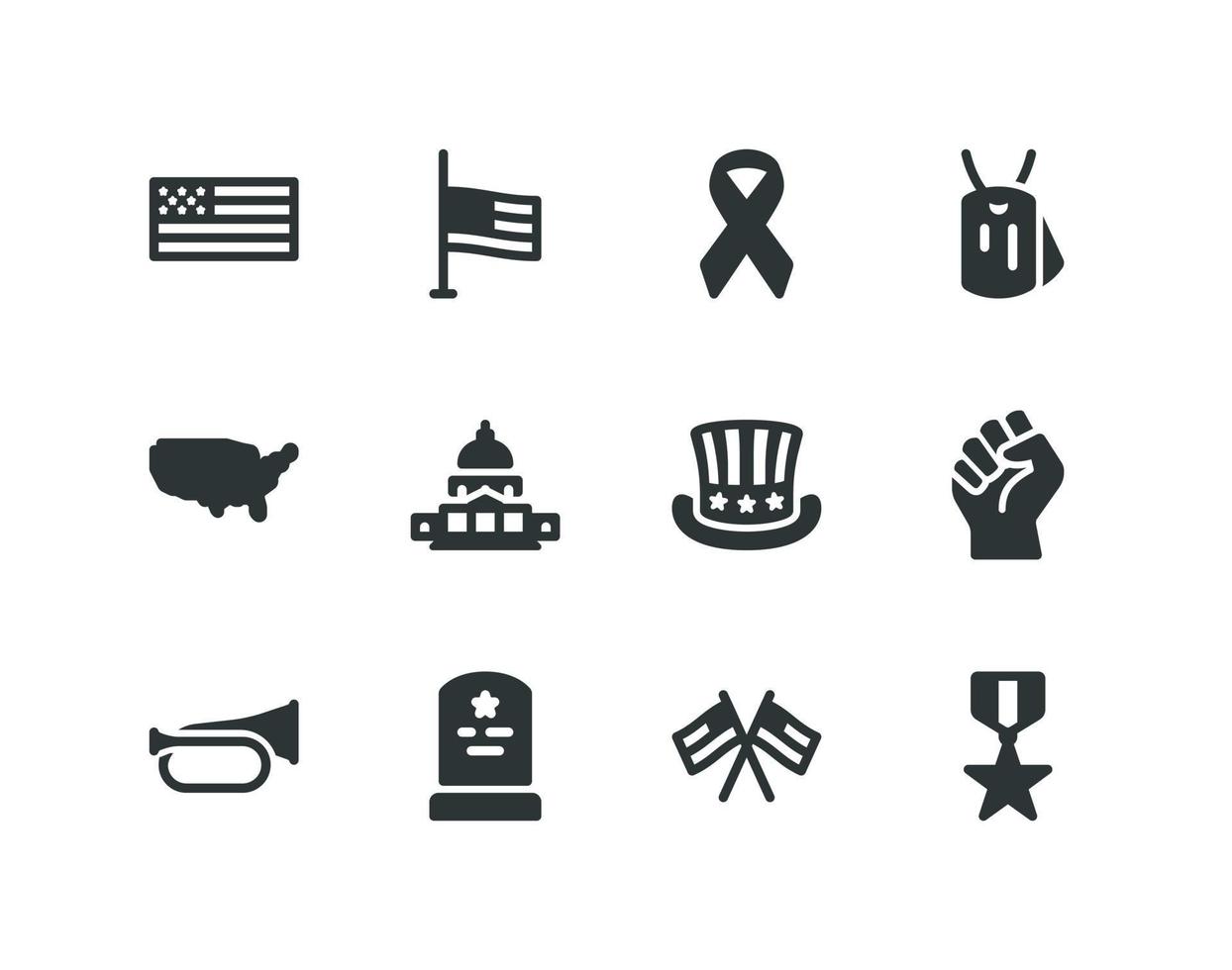 Memorial day and veterans day solid icon set with flag and military vector icons