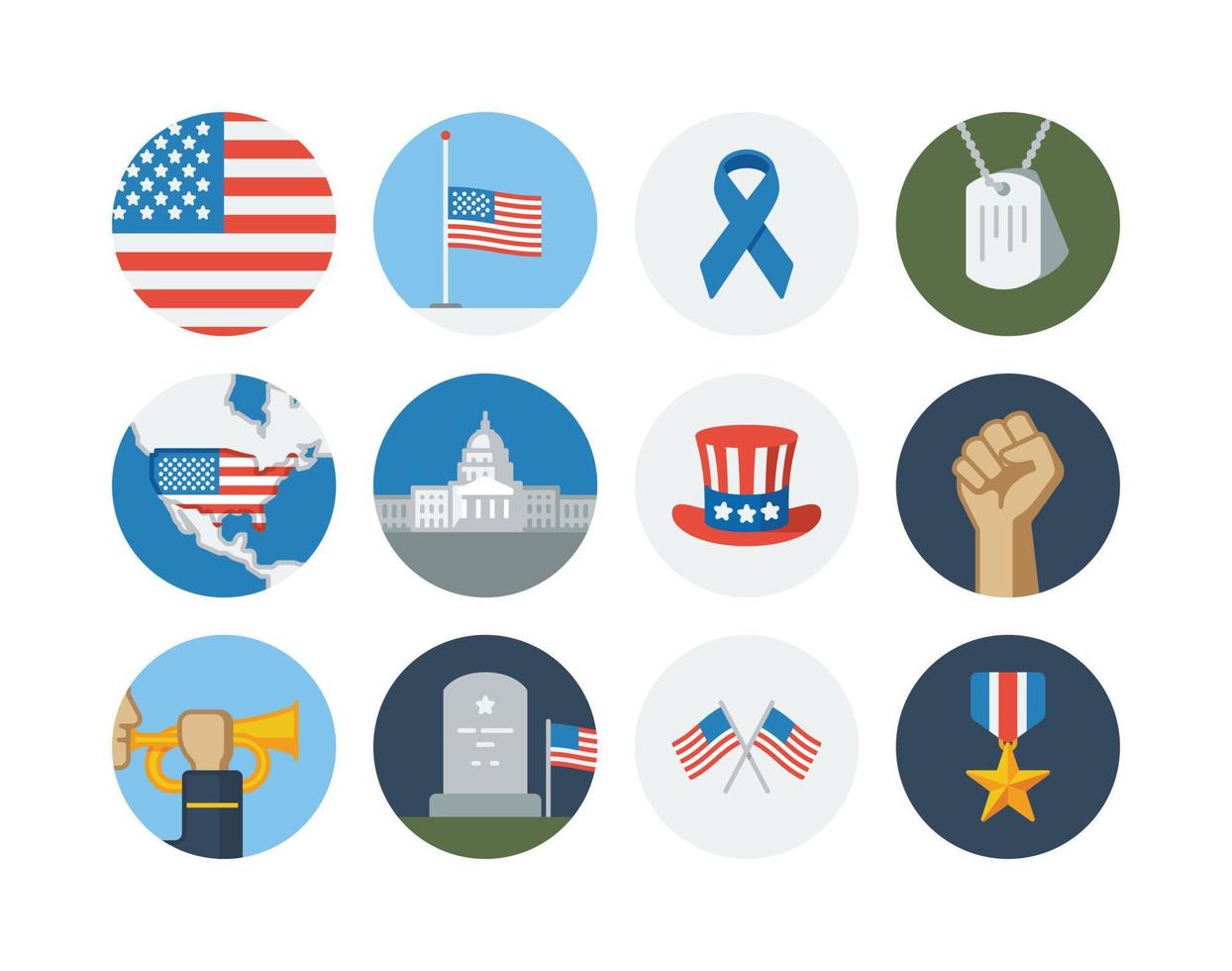 conjunto de iconos de círculo plano del día conmemorativo y del día de los veteranos con bandera e iconos vectoriales militares vector