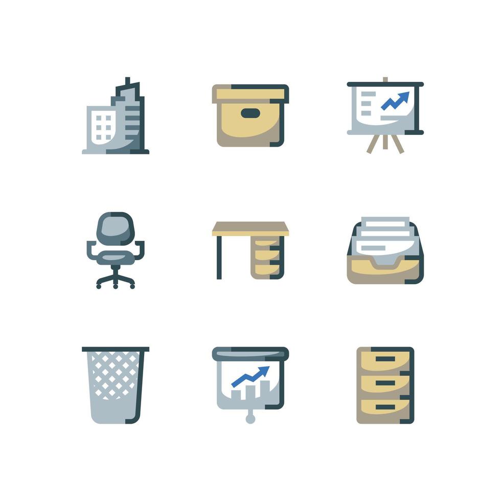 Office interior and furniture icon set with screen and drawer vector icons