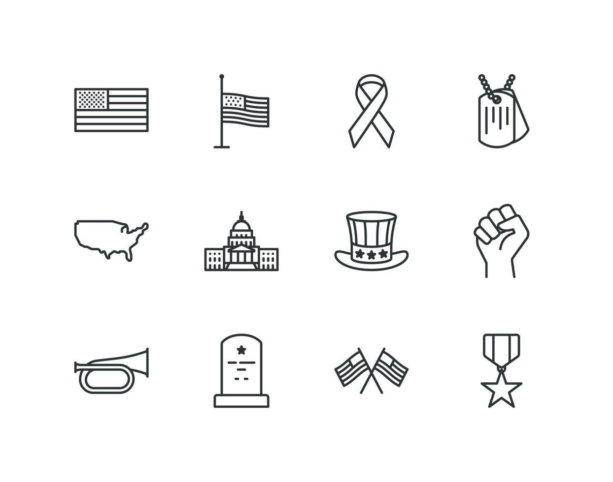 Memorial day and veterans day outline icon set with flag and military vector icons