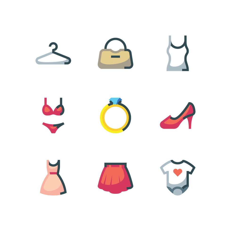 Women clothing and accessories icon set with high heels and dress vector icons