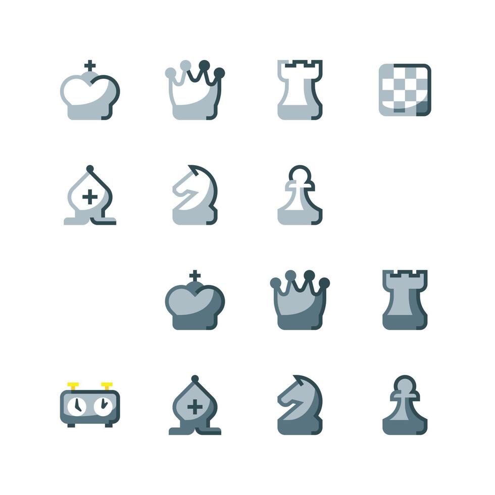 Chess pieces icon set with board and timer vector icons