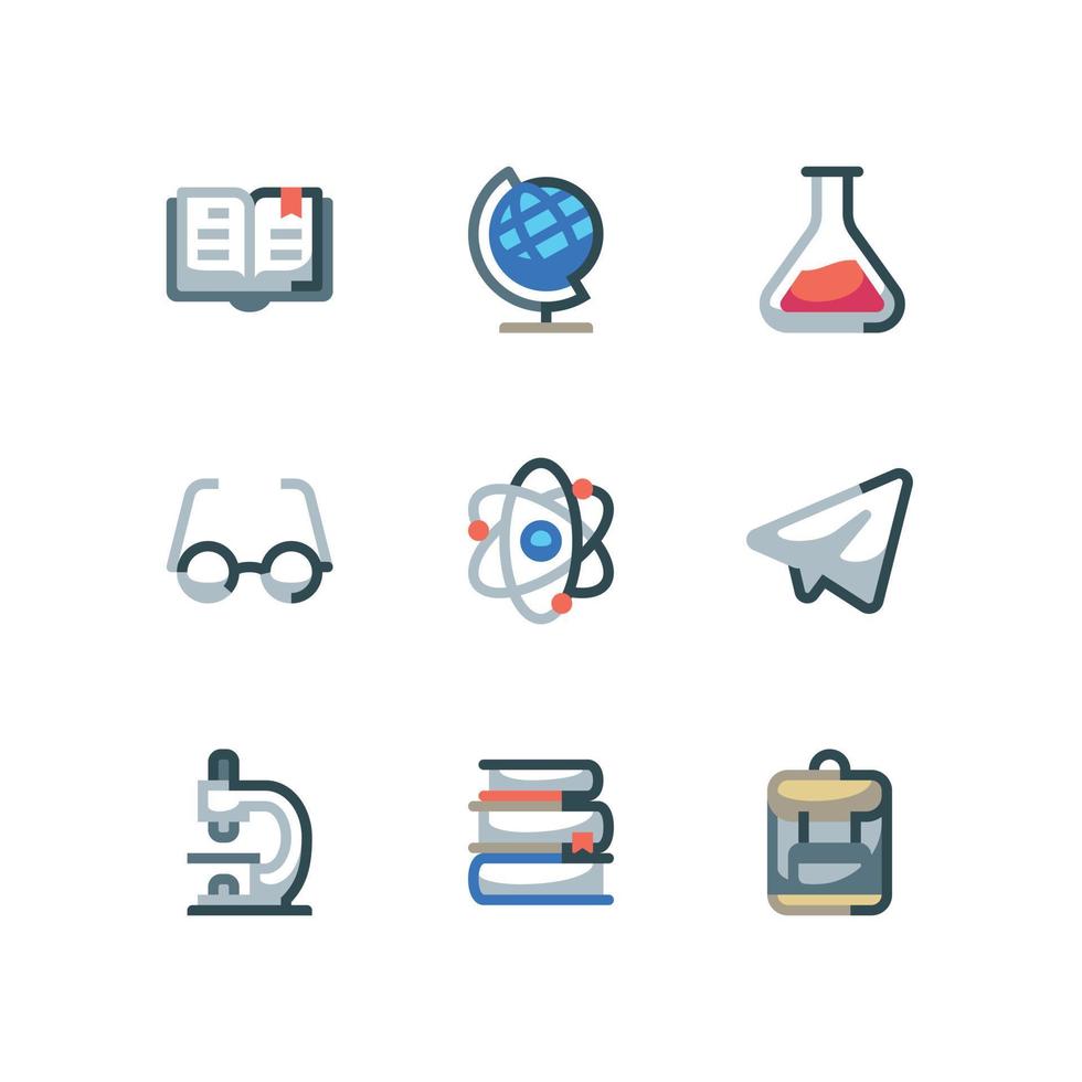 conjunto de iconos de material escolar y de ciencia con iconos vectoriales de libros de texto y microscopios vector