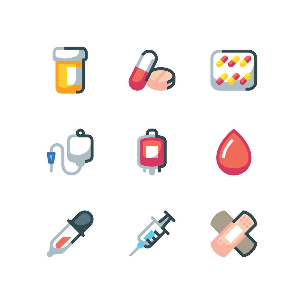 conjunto de iconos de tratamiento médico y medicamentos con iconos de vector de sangre y jeringa