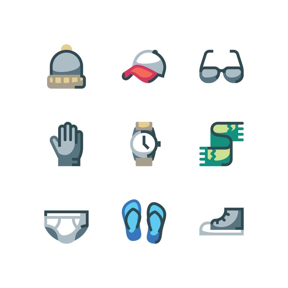 Clothing and accessories icon set with hats and sneakers vector icons