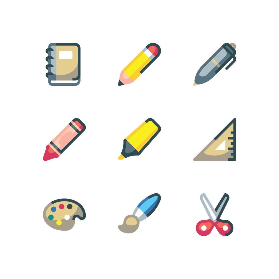 Stationery and art supplies icon set with notebook and pencil vector icons