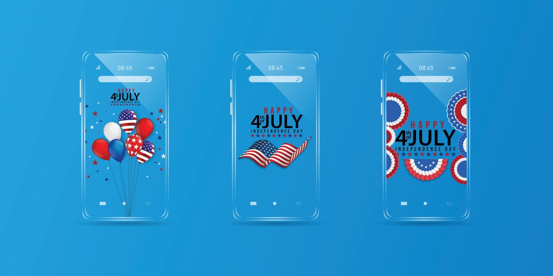 Mobile phone american flag illustration for america united states national day 4th july with blue background vector