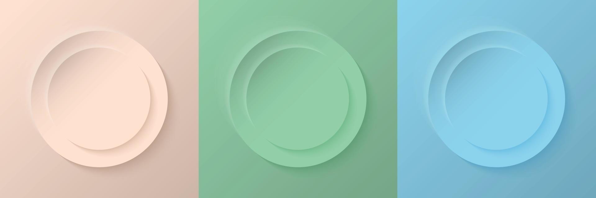 Set of abstract 3d beige, light green and light blue pastel color circle frame design for cosmetic product. Collection of trendy color geometric background with copy space. Vector EPS10