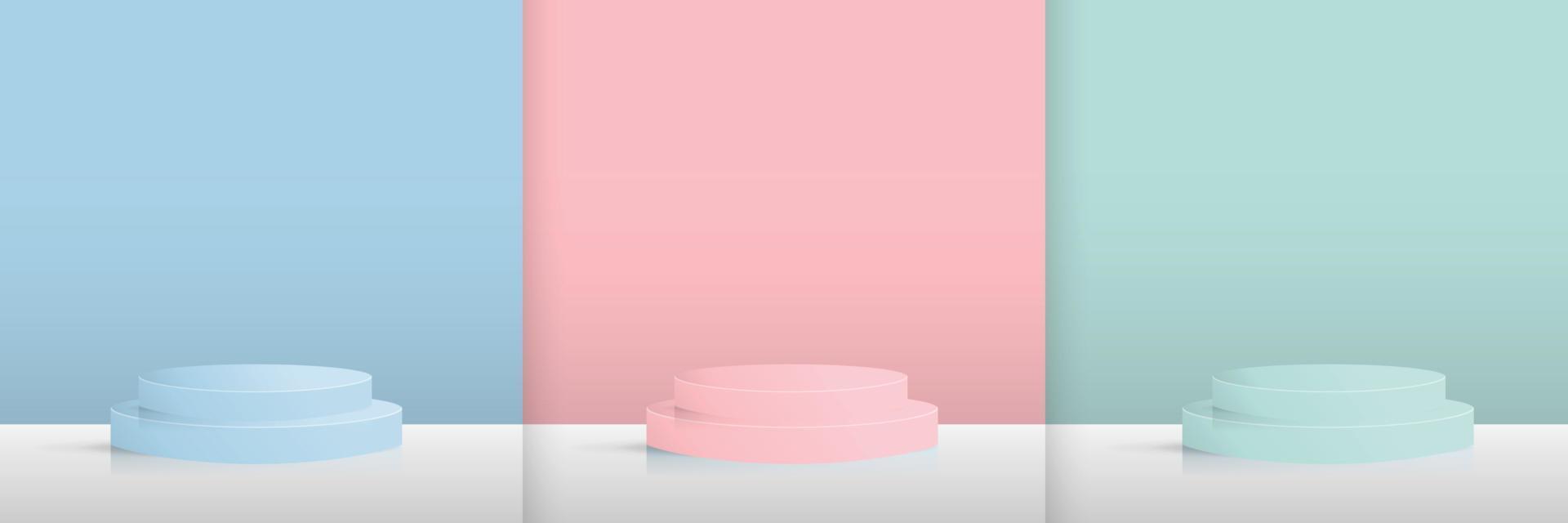 Set of blue, pink, green cylinder pedestal podium display, Empty room background. Abstract modern vector rendering 3d shape for products display presentation. Pastel minimal wall scene, Studio room.