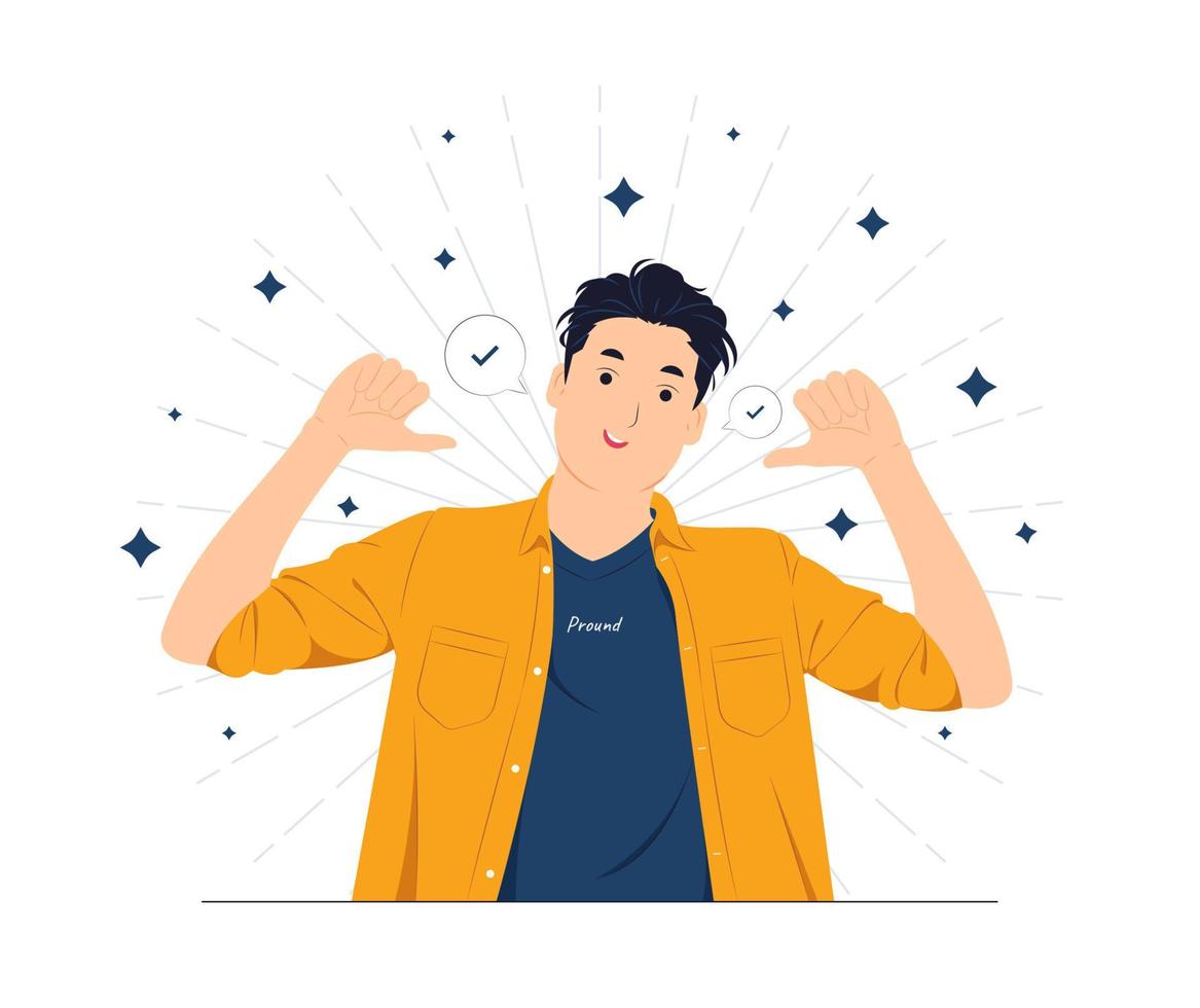 ilustración de concepto vectorial exitoso joven hombre de negocios con alta autoestima y confianza vestido con un traje elegante, apuntándose con los dedos orgulloso y feliz estilo de dibujos animados planos vector