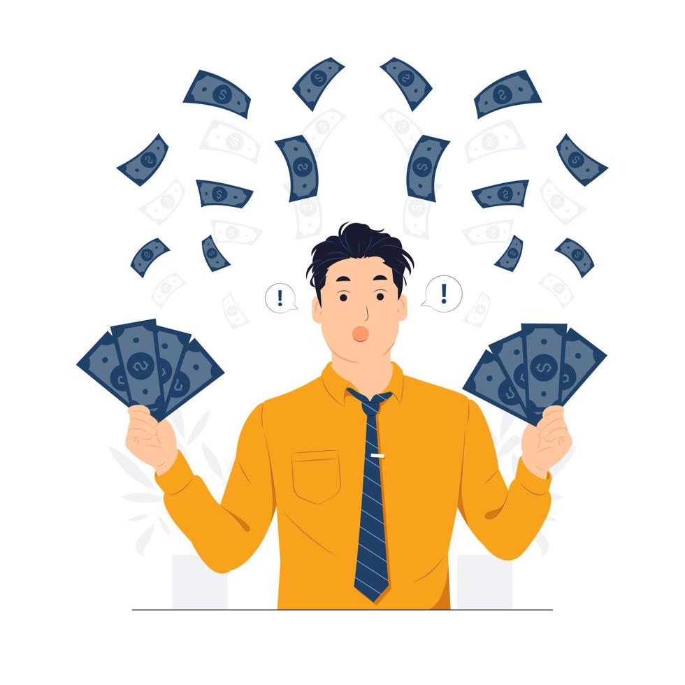 Vector concept illustration businessman thinking how invest earned dollars, hold cash and looking up thoughtful. Business, finance and employment, entrepreneur and money flat cartoon style