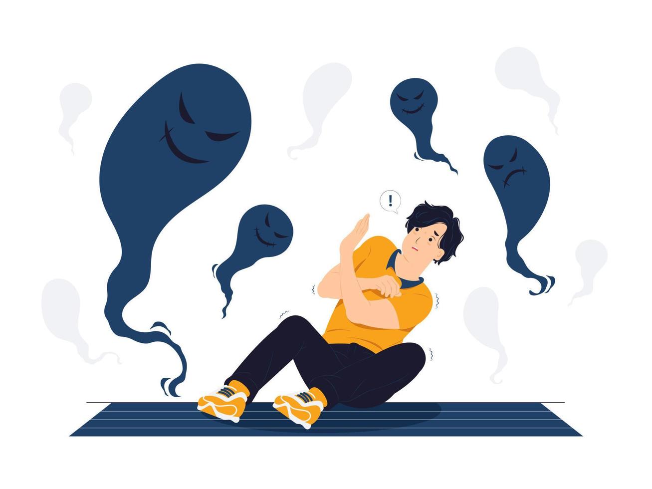 Vector concept illustration of man with Schizophrenia, post-traumatic stress mental disorder, shocked, scared, panic, anxiety, frustrated, fear and terrified flat cartoon style