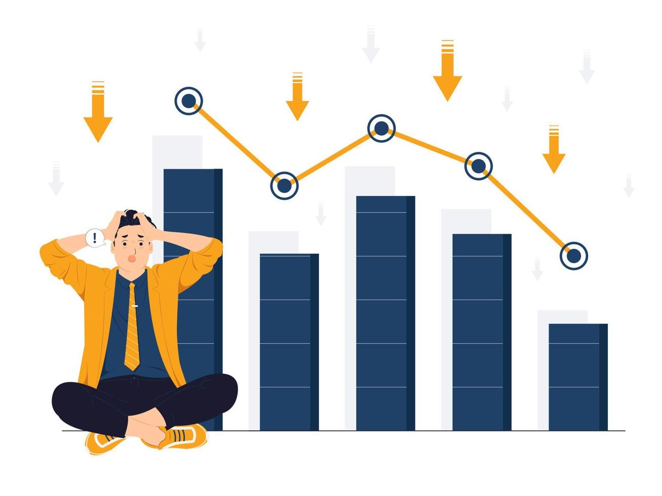 Vector concept illustration of Depressed Businessman upset and panicked thinking over Business failure, Bankruptcy, financial crisis, downward arrow flat cartoon style