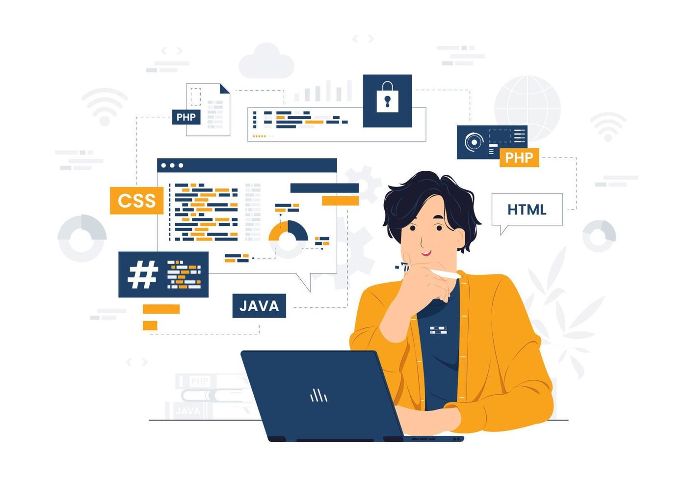 Vector concept illustration Programmer, engineer with laptop sitting at the  office desk holding a pen while coding and developing flat cartoon style  7938815 Vector Art at Vecteezy