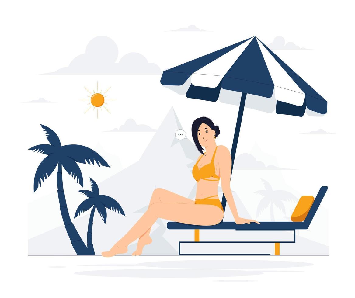 ilustración del concepto de vector joven hermosa mujer tomando el sol en la playa del mar, estilo de dibujos animados planos de horario de verano