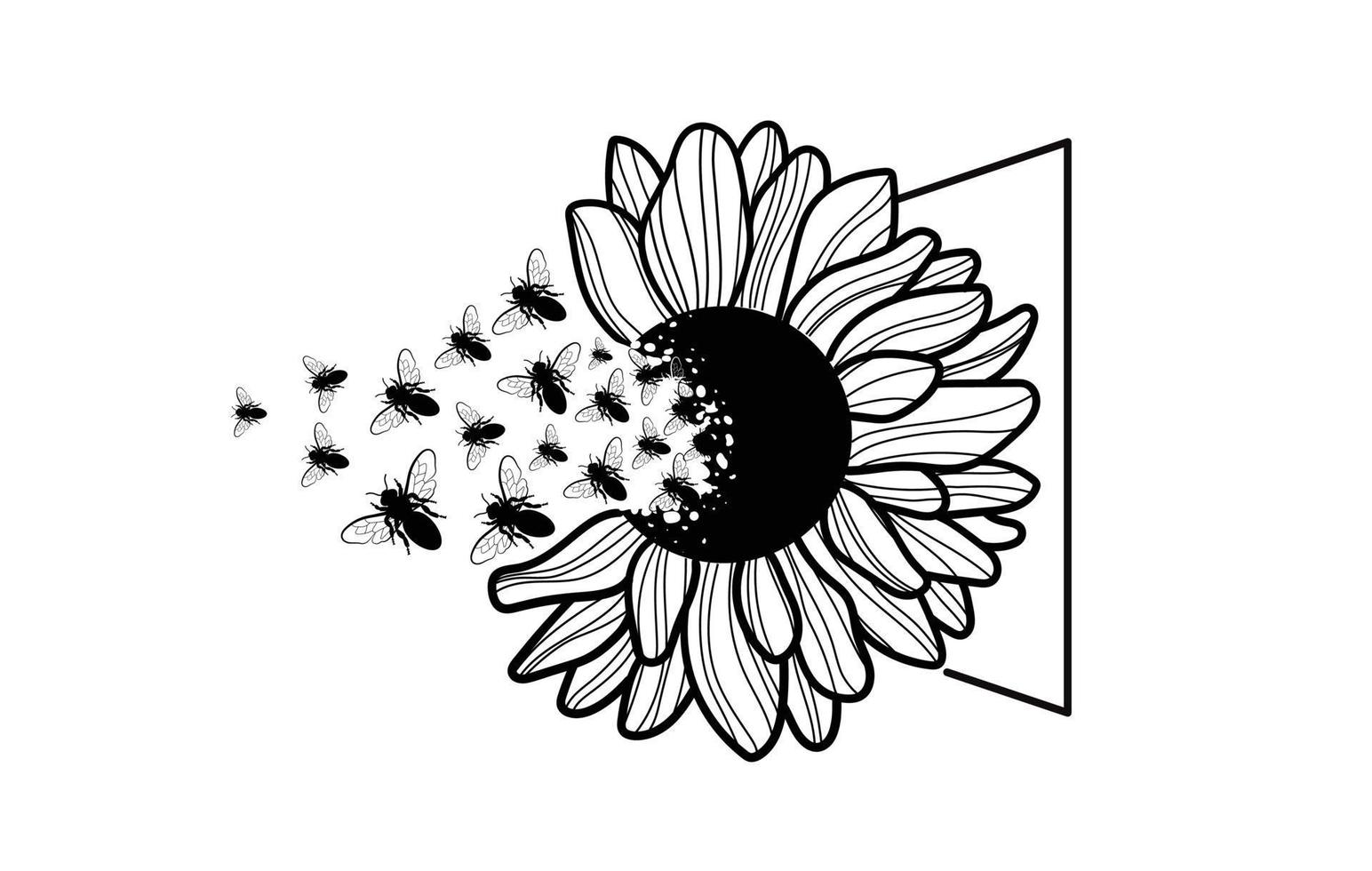 Honey bee and sunflower hand drawn vector