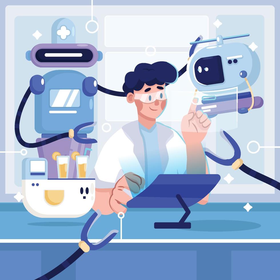 personaje de hombre con robot médico vector