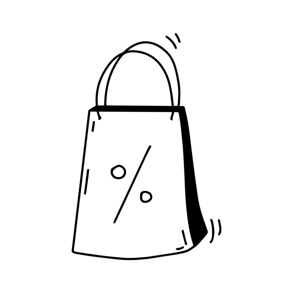 icono de bolsa de compras dibujado a mano. estilo de dibujo de fideos. ilustración de vector de dibujos animados negro aislado sobre fondo blanco