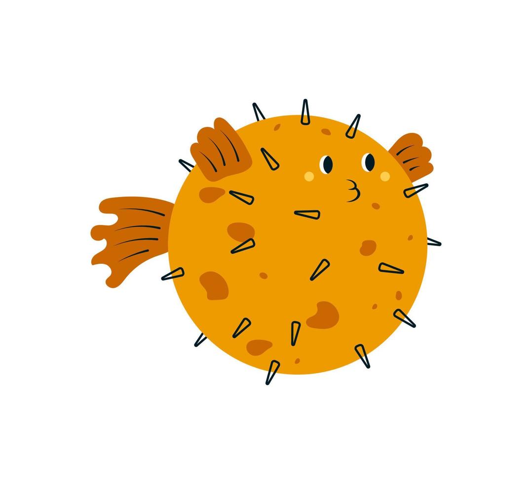 Cute puffer fish with spikes. Round japanese fugu or blowfish in cartoon style. Colored flat vector illustration isolated on white background
