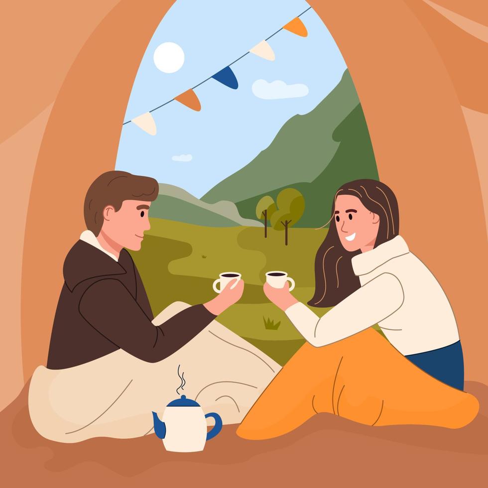 Tourists characters sitting inside of camping tent. Smiling man and woman talking drinking hot beverages looking outside on beautiful nature. Color flat cartoon vector illustration