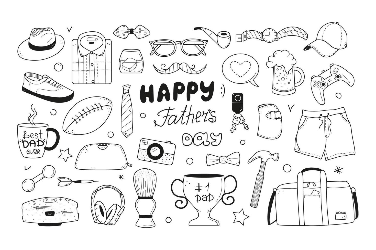 iconos de garabatos del día del padre feliz establecidos en el estilo de boceto. Ilustración de vector de artículos masculinos dibujados a mano aislado sobre fondo blanco