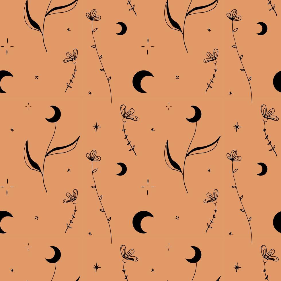 Bohemian moon, flower, plant seamless pattern background. Abstract celestial art print. Vector trendy mystic hand drawn texture